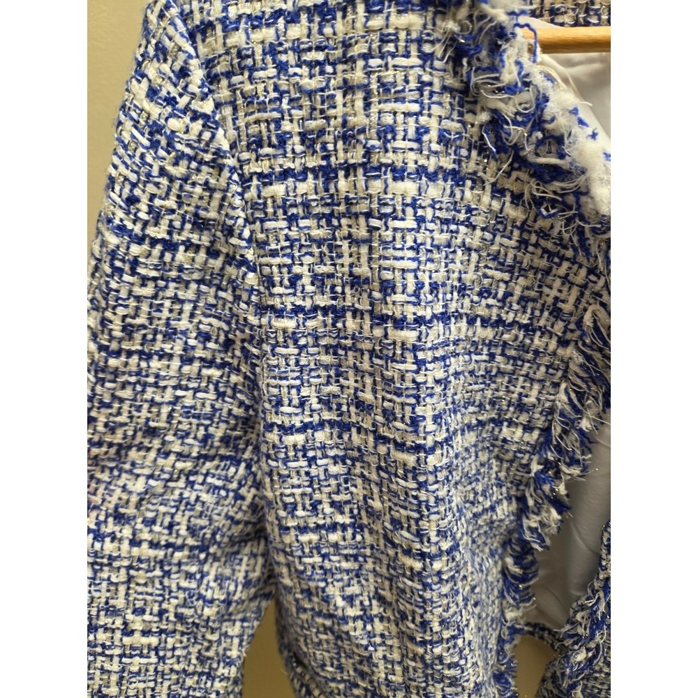 Carolina Belle Montreal Women‎ XL Blue White Tweed Fringe Trim Open Front Jacket - Picture 3 of 4
